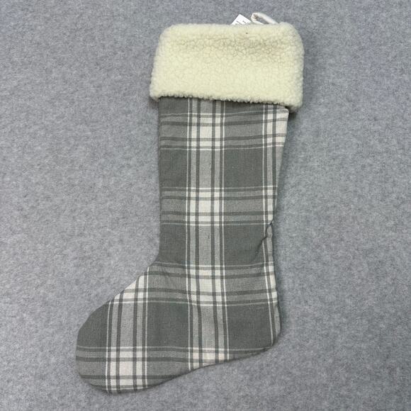 Holiday Home Christmas Farmhouse Stocking 18.5" Gray Plaid White Faux Fur Cuff - Picture 4 of 4